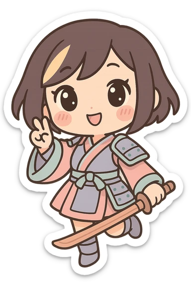 chibi style kawaii samurai girl with short hair and one streak of blonde in her hair, playful pose, kimono with armor accents, blushing cheeks sticker