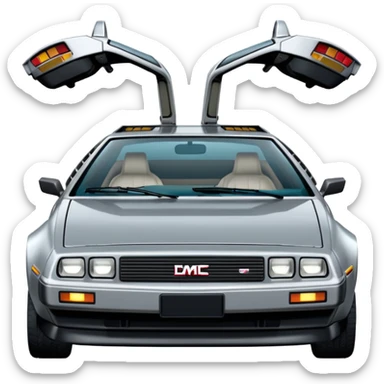 Silver DMC 12 Delorean, closed doors, backside view sticker