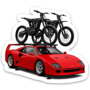 Replace the motorcycle with two Sur-Ron electric bikes mounted on a roof rack on the Ferrari F40. Keep the background transparent. sticker