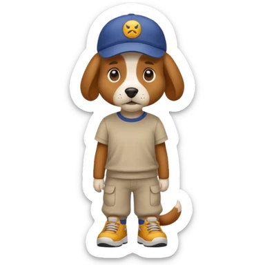 a dog with cap and t-shirt and pants and shoes sticker