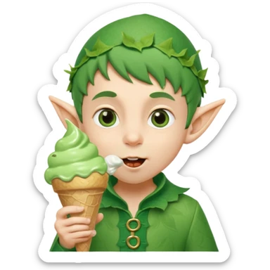 
A young elf boy in leafy clothes licking a triple-scoop ice cream with wide eyes.
baby elf with strawberry ice cream




 sticker
