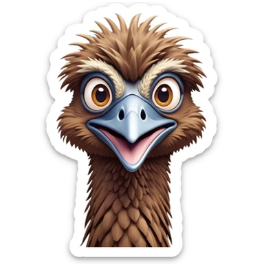 Cinematic Comical Emu Portrait Emoji, Head tilted dramatically with an exaggeratedly amused expression, featuring a striking, textured brown plumage with a comically small head and wide, expressive eyes full of playful disbelief, Simplified yet hilariously expressive features, highly detailed, glowing with a slightly sassy glow, high shine, dramatic yet playful, stylized with an air of cheeky outback mischief, bright and endearing, soft glowing outline, capturing the essence of a spirited and over‐the‐top emu, so meme‐worthy it feels like it could squawk its way into internet fame instantly! sticker