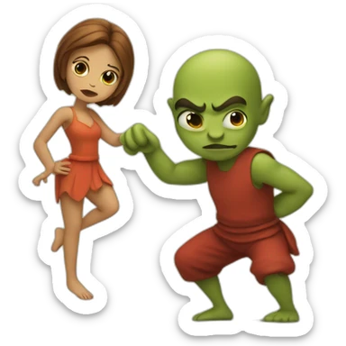 A little imp sneaks on tiptoe with a disgruntled face and carries a woman's leg sticker