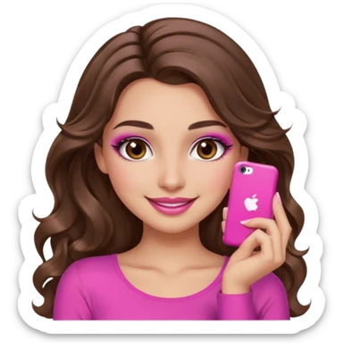 girl with long wavy brown hair, brown eyes, long lashes makeup, sexy pink lips, light to medium complexion, pink sexy top, smiling, hand by the cheek sticker