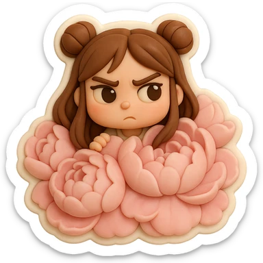 3D chibi fondant cake art style, high-quality rendering with smooth shadows and soft gradients. Girl based on reference image with preserved facial features and exact eye shape, long brown hair in two space buns, brown eyes, thick white outline like a sticker, transparent background. Her head peeks out from the center of a giant mound of soft pink peonies, flowers so big they almost hide her completely. Ensure the face and eye shape match the reference exactly. sticker