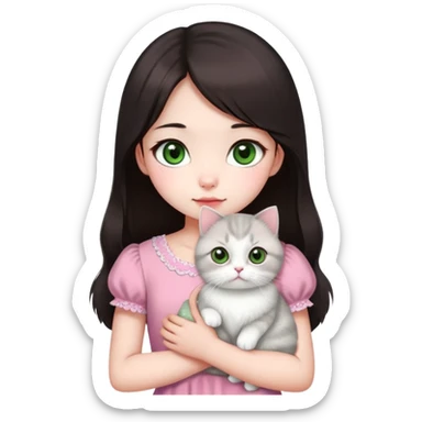 This Chinese girl has fair skin and big black eyes. She has long dark brown hair and is wearing a short-sleeved pink dress. Holding a Scottish Fold cat, the cat has light green eyes and white fur. sticker
