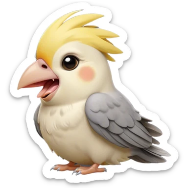 Cinematic Cute Yawning Cockatiel Portrait Emoji, Head tilted slightly with a dramatic, wide-open yawn, showcasing a soft grey fur with subtle yellow accents and gently drooping crest feathers, round dark eyes barely open in drowsy contentment, Simplified yet irresistibly adorable features, highly detailed, glowing with a soft, cozy glow, high shine, relaxed yet expressive, stylized with a touch of whimsy, bright and endearing, soft glowing outline, capturing the essence of a sleepy yet affectionate cockatiel, so drowsy it feels like it could stretch out of the screen and curl up for a nap! sticker