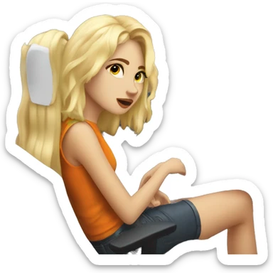 Blonde girl at gaming setup in chair sticker