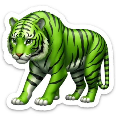 powerful green tiger on all fours, all fur green, black stripes, no orange sticker