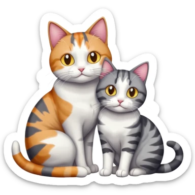 full body colourful light patched calico + white tabby cat cuddling a bigger cat that is dark grey and white tabby cat  and they are in love sticker