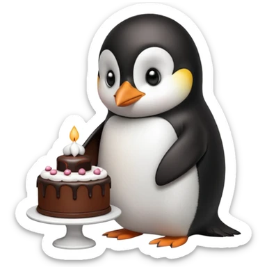 A penguin standing near a cake, feeling shy from a surprise celebration, portrait, bust up sticker