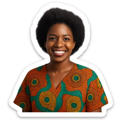 a Nigerian Black woman smiling with friendly expression, natural hair, vibrant clothing, clear background sticker