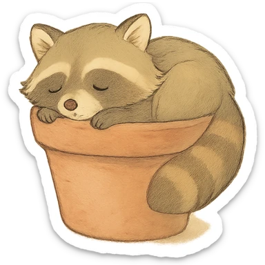 sleepy raccoon inside a flower pot, pastel earthy colors, soft Ghibli style sticker