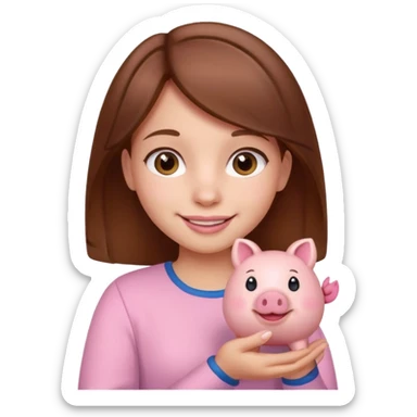 girl with brown hair holding little piggy  sticker