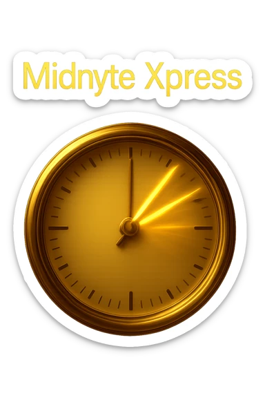 Add a sense of motion to the clock hands with motion blur or dynamic lines, while keeping the glowing effect and realistic style. The text 'Midnyte Xpress' should remain above. Maintain a transparent background. sticker