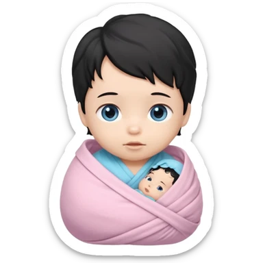 a  asian newborn baby with black wavy hair and blue eyes wrapped in a light pink swaddle sticker