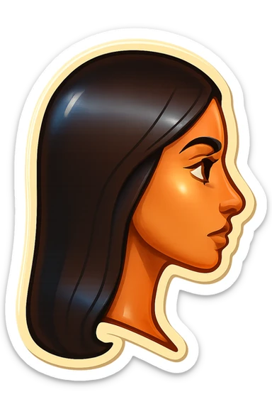 Create a side view (profile) of this woman's head, matching the same cartoon emoji style of the reference image, with long dark hair and similar facial features. Variant 4. sticker