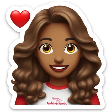 brown lady smiling, medium brown long wavy hair, bright red lips, eyelashes, wearing red “happy Valentine’s Day” t shirt sticker