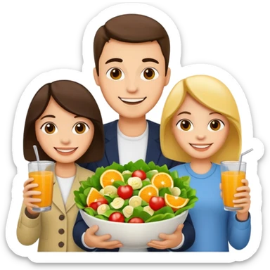family holding salad and orange juice sticker