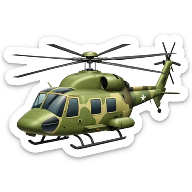 military helicopter, olive green and camouflage colors, robust and compact appearance sticker