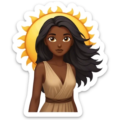 Cinematic Stunning Pocahontas Portrait Emoji, Windswept raven hair flowing behind her, deep brown eyes filled with wisdom and strength, glowing sun-kissed skin, wearing her elegant tan dress, the spirit of the wild in her expression, breathtakingly majestic! sticker