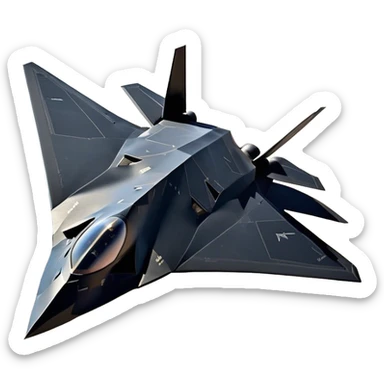F-117 Nighthawk - Lockheed Martin (Stealth Grey) A futuristic stealth attack aircraft with a distinct faceted, angular design in a stealthy matte grey. Its sharp, jagged edges and unconventional, almost alien-like shape make it look like a shadow cutting through the night sky. The surface should appear non-reflective with subtle panel lines. sticker