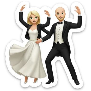 blonde haired green eyed bride and bald headed groom with dark beard dancing sticker