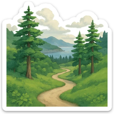 Edit the image to depict a scenic walking trail in Port Angeles Washington in Ghibli style, no frame, transparent background. sticker