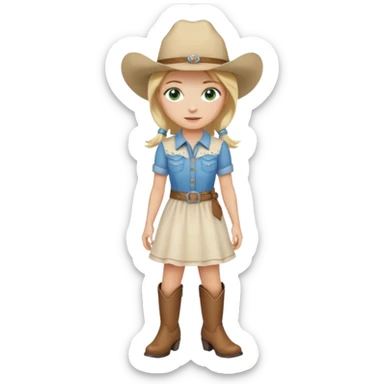 cowgirl bionda con occhi verdi/azzurri con un vestito bianco stivali e cappello beige sticker
