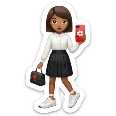 Menina pele parda, cabelo liso médio curto, roupa modesta, blusa branca e saia preta plissada,  tênis branco celular Samsung a06 capinha vermelha, prendendor de cabelo de flor branca sticker
