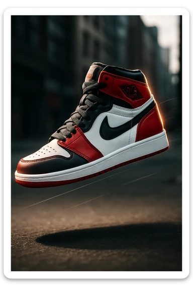 “A high-resolution image of an iconic Air Jordan sneaker floating in mid-air with dramatic lighting, shadow underneath, glowing edge highlights, bold red, black, and white color scheme, urban street background blurred, sharp focus on the shoe, cinematic depth of field, dynamic angle with motion lines, premium sneaker ad style.” sticker
