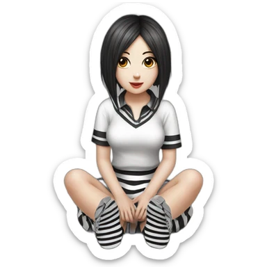 Hyperrealistic Frontal view curvy emo girl sits white skirt striped stockings hands up sticker