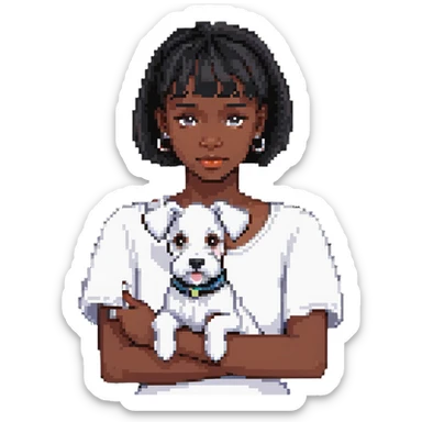 Black girl with short bangs holding a white schnauzer dog sticker