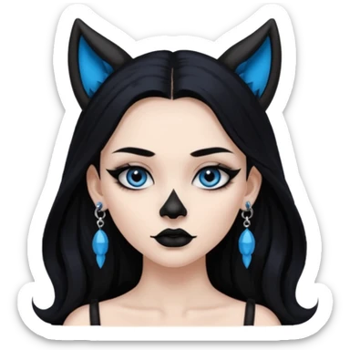A girl with long black hair and blue eyes, black eyeshadow, black eye liner, mascara, and black lipstick, and black skull earrings. Also a black sexy dress and wolf ears  sticker