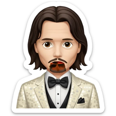Johnny Depp with long dark brown hair hair, ivory sequin suit with bow tie sticker