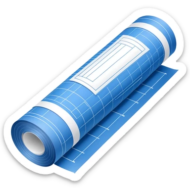 blue blueprint plan with white lines, partially rolled up, perspective view sticker