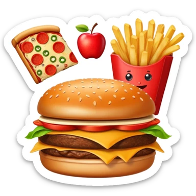 A fun fusion food emoji where a burger, pizza slice, french fries, and an apple are combined into one wacky fast food item sticker