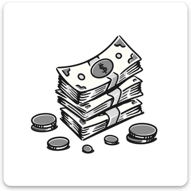 Money bills and coins, cash currency in pastel colors (dd9fb0, ffc6d3, a3bfc9, c4bee2, f1b091), hand-drawn doodle style sticker