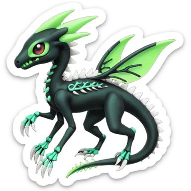 Obsidian-black and neon-glowing-green skeletal Meloetta-Salandit-Gorebyss-Salazzle-Pokémon-Fakémon-creature-fusion-hybrid sticker