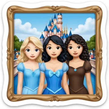 escribe el nombre Disneyland Paris y para titulo, pon a quatro chicas: una pelo corto negro, una pelo rizado largo, una pelo largo liso y la otra pelo ondulado mediano, esta con el ojos azules. Haz un cuadrado rectangular grande y por los lados pon a las chicas que te he descrito sticker