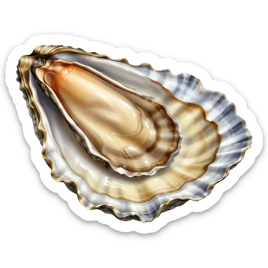 realistic raw oyster, open on half shell, textured irregular shell, grey and brown, glistening flesh, translucent moist interior, natural folds, creamy grey-beige, no lemon, ice, plate, garnish, or faces, clean 3D, soft lighting, transparent background, emoji scale sticker