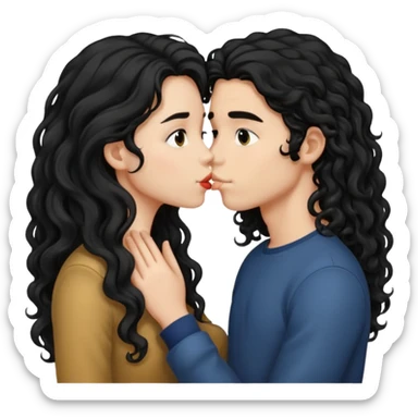 girl with long black hair kissing boy with long curly hair  sticker