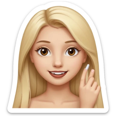 una chica con pose divertida de 18 años con los labios con pintalabios nude y los ojos maquillados, de piel blanca con el pelo liso, largo y rubio, ojos marrones sticker