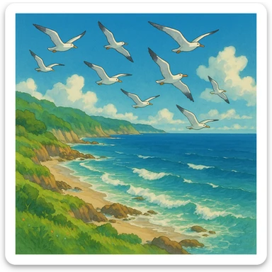ghibli style coastline with seagulls flying above sticker