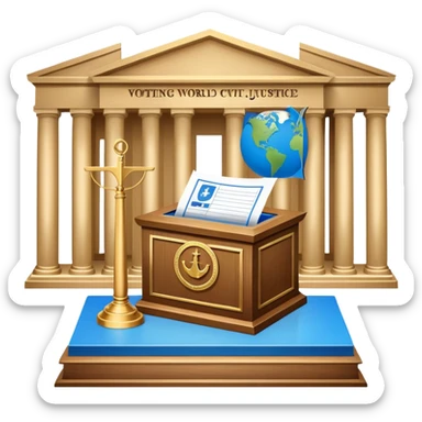 An icon featuring a ballot box with a voting paper, a government building with columns, and a scale of justice, symbolizing political science. The design includes a world map in the background, representing global political systems. Transparent background highlights governance and civic studies. sticker