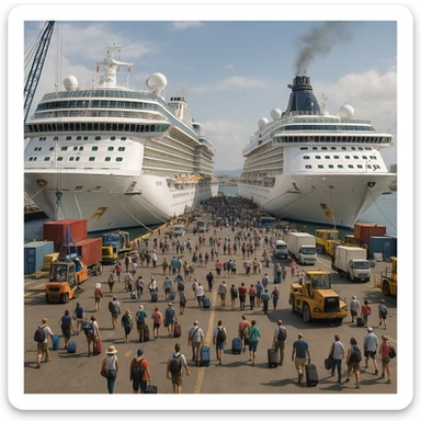 photorealistic port with cruise ships, bustling activity sticker