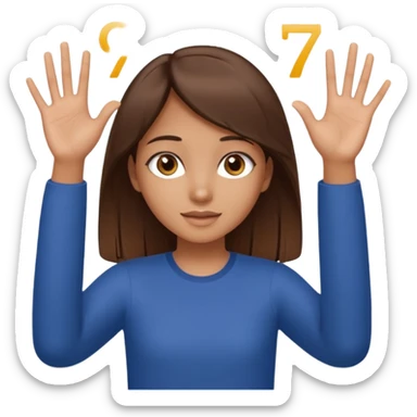 girl with straight brown hair and brown eyes holding the up two hands and holding a floating 6 on the left hand and a floating seven on the right hand sticker