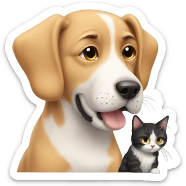 A dog smelling a cat sticker