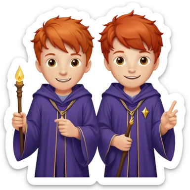 Two identical redheaded teenage boys with mischievous grins, freckles, and wizard robes sticker