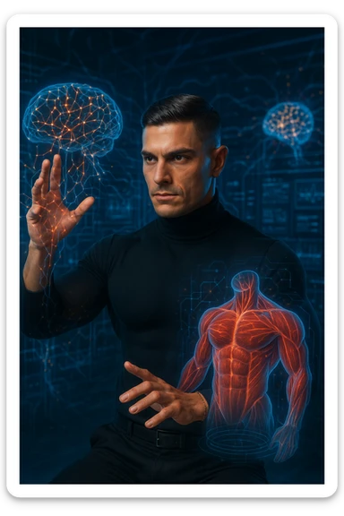 "Neuroscientist using advanced visualization to reprogram muscle development pathways, brain scans showing neural networks firing to stimulate muscle growth, expression of scientific breakthrough, his body responding to optimized mental training protocols, muscle memory being created without physical movement, consciousness hacking biological systems for muscle development" sticker